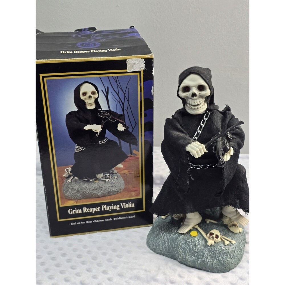 Gemmy Grim Reaper Playing Violin 1996 Halloween Factory  Working Vintage Boxed